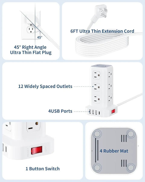 Dope 16 In 1 Tower Power Strip With USB C And USB A Ports, 12 AC Outlets, flat plug, 6ft extension cord, USB ports, button switch