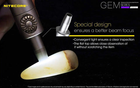GEM8 Gemstone Identification Light 500 Lumens White LED Handheld Tool illuminating a gemstone for inspection.