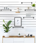 Six Pack White Slatwall Shelves With Hella Heavy Duty Metal Brackets 15.7 Inch Long By 6 Inch Deep Slatwall Organizer Set mounted