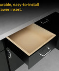 Durable Plastic Drawer Insert For Cabinets And Pantry, 15 Inch Wide By 4 Inch High, shown installed in dark kitchen drawer.