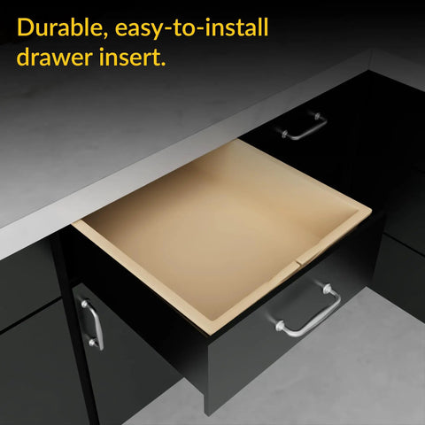 Durable Plastic Drawer Insert For Cabinets And Pantry, 15 Inch Wide By 4 Inch High, shown installed in dark kitchen drawer.