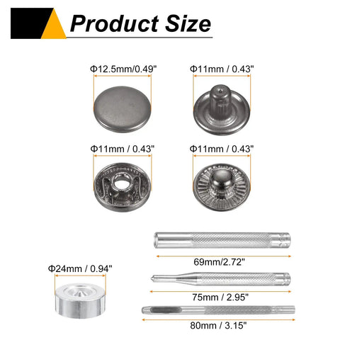 Kickass 24 Piece Leather Snap Fastener Kit 12Mm With Four Piece Press Tool Gunmetal Bronze Silver No Nonsense Quick Grip Hardware Heavy Duty for product size details.