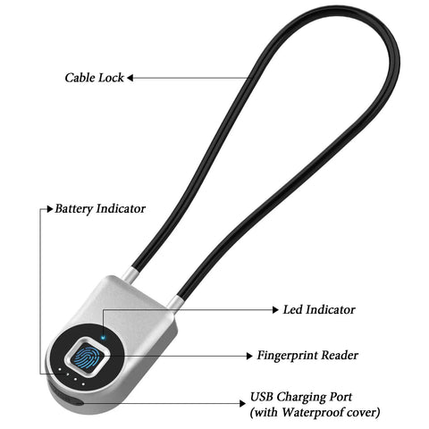 Fingerprint Cable Lock 6 Inch Long With Bluetooth App Unlock No Key Needed Biometric Keyless Padlock For Outdoor Gates, detailed view