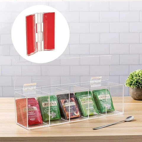 16 Pack Clear Self Adhesive Plastic Hinges With Heavy Duty Grip For Seamless Plexiglass And Acrylic Projects shown with tea containers.