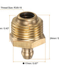 Five Pack Brass Straight Grease Fittings R3/8-19 SAE Thread Hydraulic Grease Nipples showing measurements