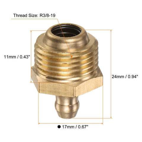 Five Pack Brass Straight Grease Fittings R3/8-19 SAE Thread Hydraulic Grease Nipples showing measurements