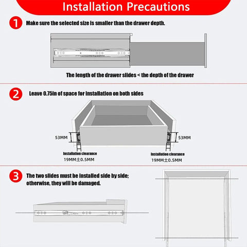 Metal Drawer Slides Full Extension With Ball Bearing Runners For Cabinets And Cupboards Ultra Quiet Smooth Closing installation diagram