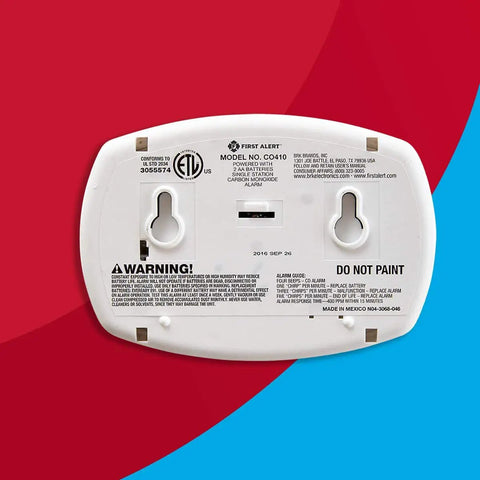 Back view of Battery Powered Carbon Monoxide Alarm With Digital Display, Peak Memory, And Loud Alert No Outlet Required For Home Safety Easy Install CO Detector CO410 White, showing mounting details.