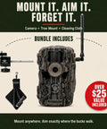 Cellular Trail Camera Bundle With Tree Mount Offering 36Mp Photos And 720P Video With A Hella Fast Trigger Speed Plus 80 Foot Night Vision For Serious Hunters Demanding Kickass App Controlled Game Viewing On LTE And Verizon Networks showing camera, tree mount, and cleaning cloth.