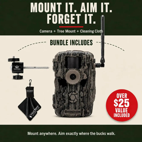 Cellular Trail Camera Bundle With Tree Mount Offering 36Mp Photos And 720P Video With A Hella Fast Trigger Speed Plus 80 Foot Night Vision For Serious Hunters Demanding Kickass App Controlled Game Viewing On LTE And Verizon Networks showing camera, tree mount, and cleaning cloth.