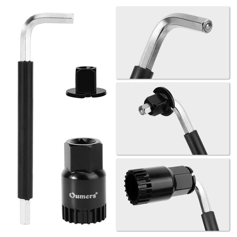 Bike Crank Puller Tool Set With Bottom Bracket Remover And Allen Key Wrench Square Head And Auxiliary Wrench, black and silver.