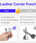 Comparison of two leather corner punches highlighting differences in quality, with one featuring electroplating and sharp edges.