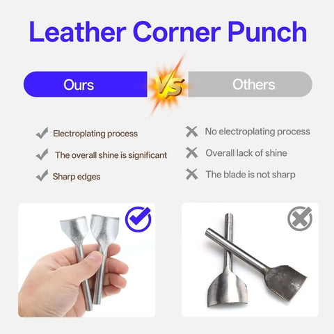 Comparison of two leather corner punches highlighting differences in quality, with one featuring electroplating and sharp edges.