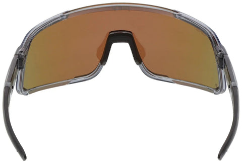 Cayman Blue Mirror Lens Wraparound Safety Glasses With Tight Grip Nose Pads and Flexible Arms, front view with clear frame.