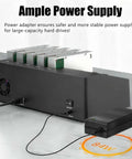 Rock Solid Five Bay Hard Drive Docking Station With Offline Clone Mode And Blazing 5Gbps Type C Hookup For 2.5 And 3.5 Inch Ssd Hdd Storage Expansion Up To 120 Tbs Built For Heavy Duty Backups With Zero Fuss showing ample power supply for hard drives.