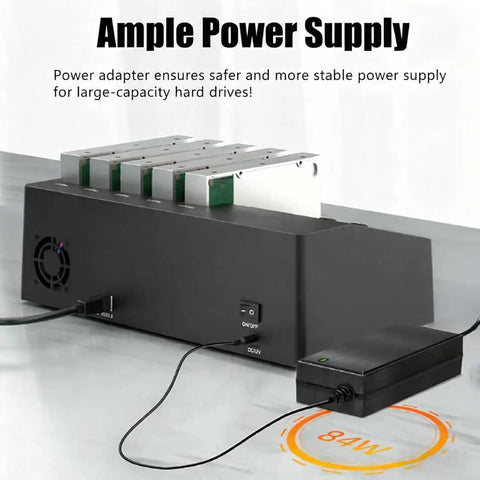 Rock Solid Five Bay Hard Drive Docking Station With Offline Clone Mode And Blazing 5Gbps Type C Hookup For 2.5 And 3.5 Inch Ssd Hdd Storage Expansion Up To 120 Tbs Built For Heavy Duty Backups With Zero Fuss showing ample power supply for hard drives.