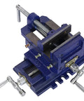 Close-up of Cross Slide Drill Press Vise With Two Way X Y Precision Control Heavy Duty Cast Iron Milling Clamp in blue steel color.