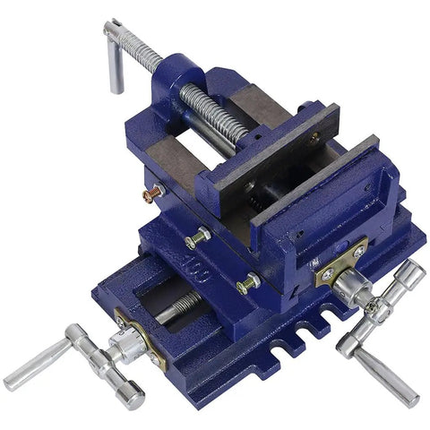 Close-up of Cross Slide Drill Press Vise With Two Way X Y Precision Control Heavy Duty Cast Iron Milling Clamp in blue steel color.