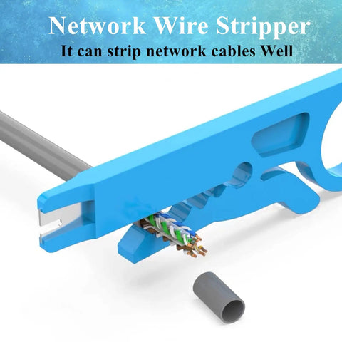 Pass Through RJ45 Crimp Tool Kit For Cat5, Cat5e, Cat6 And Cat6A With 50 Pass Through Connectors, cable wire stripper in use