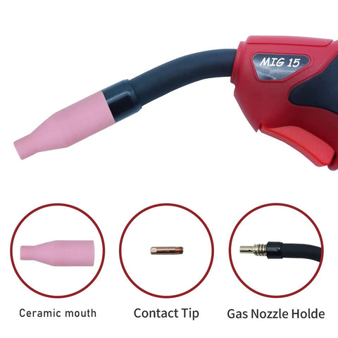 Ceramic Nozzle Set for MB15 and 15AK MIG Welding Torch, showing ceramic nozzle, contact tip, and nozzle holder