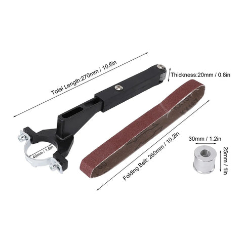 Solid Quality Belt Sander Adapter For Angle Grinders showing 100mm sander mount, folding abrasive belt, and metal components.