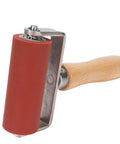 Heavy Duty PVC Welding Seam Roller With Double Bearing Handles, 32mm Or 80mm Silicone Wheel For Tarpaulin Repair Up To 260°C Heat Resistant Wood Grip That Keeps Smo, close-up view, red silicone wheel with wood grip.