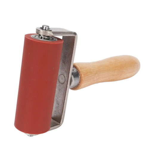 Heavy Duty PVC Welding Seam Roller With Double Bearing Handles, 32mm Or 80mm Silicone Wheel For Tarpaulin Repair Up To 260°C Heat Resistant Wood Grip That Keeps Smo, close-up view, red silicone wheel with wood grip.