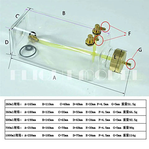 RC Gas Fuel Tank Bottle 260ml Transparent Plastic for RC Airplanes Easy Inlet Outlet Cap Fit Durable Clear Fuel Tank diagram
