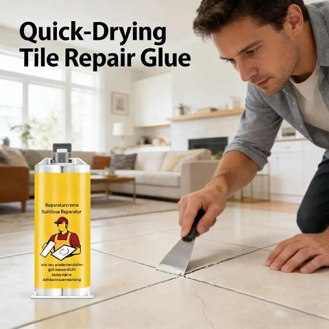 Man using Easy No Fuss Tile Repair Kit for DIY Home Fixes on cracked ceramic floor for a professional look in a living room.
