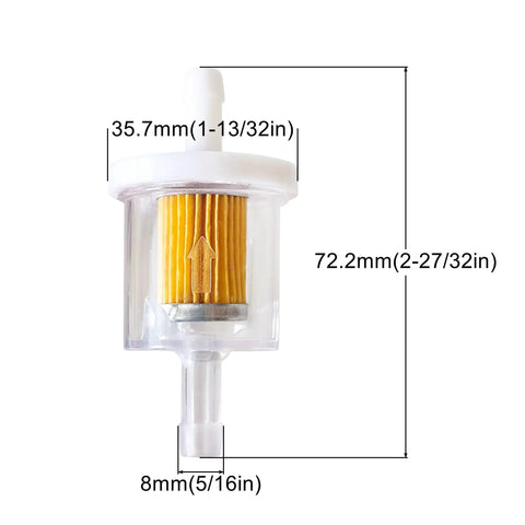 Diagram showing dimensions of One Quarter Inch Inline Fuel Filter Kit For Briggs And Stratton Kawasaki Toro MTD And Craftsman Engines, 40 Micron, Easy Install.