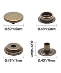 Heavy Duty Bronze Snaps Kit 200 Pieces 15mm Includes Caps Sockets Studs Eyelets For Canvas Marine Boat Projects Durable Copper Material Great For Tents Gear And Outdoor Repairs, showing different snap parts with measurements.