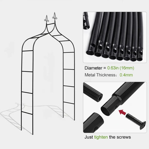 Thickened Metal Garden Arch With 16mm Pipe Diameter Beefy Heavy Duty Gothic Double Spire Arbor assembly details and components