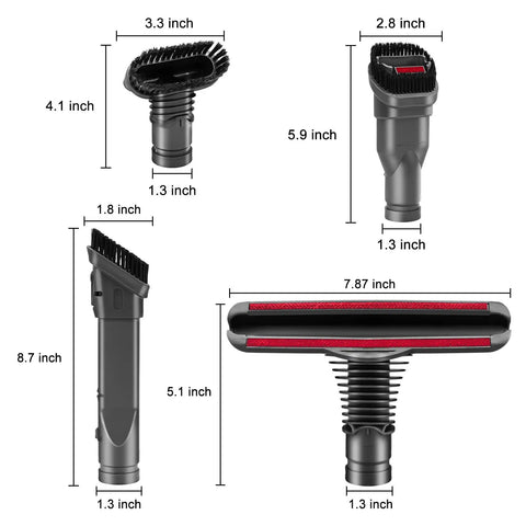 Diagram showing Must Have Four Piece Replacement Vacuum Attachment Kit For Dyson V6 And Other Cordless Vacuums Includes Mattress Brush Wide Nozzle Brush And Flexible Crevice Tool For All Floor Types with dimensions.