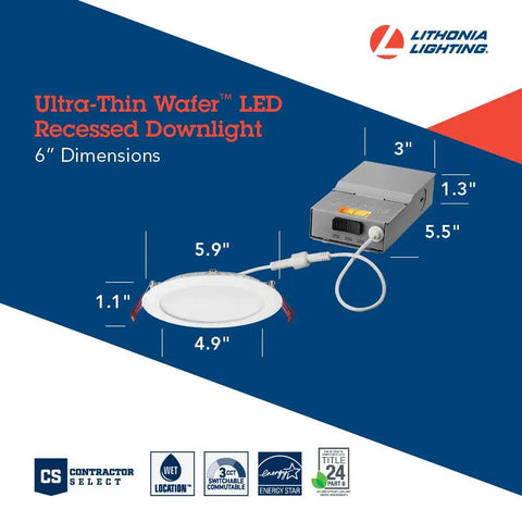 Diagram of Canless 6 Inch LED Recessed Wafer Downlight With Ultra Thin Matte White Trim 90CRI Color Temperature Selectable