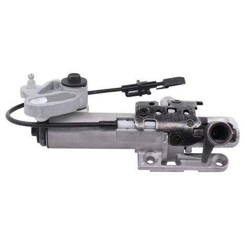 Steering column shift mechanism for GM trucks, side view with metal housing, mounting bracket and cables