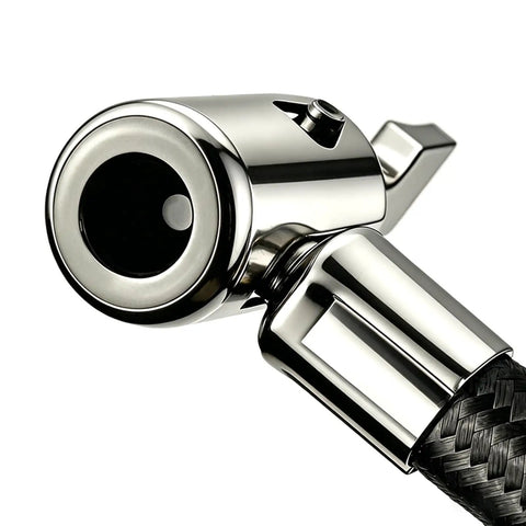 Sick Car Tire Inflator Hose Pump Adapter With Brass Universal External Threads Fits Bikes Electric Rides And Cars Durable Reinforced Rubber Braided Featuring Twist Lock Chuck Design Keeps Air Pressure Locked In Solid Build No Hassle, close-up chrome chuck
