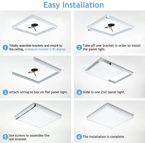 6 step installation for 6 Pack 2x2 LED Flat Panel Surface Mount Kit Aluminum Drop In Ready Ceiling Frame 24x24 Inches LED Panel Light Not Included Durable 6063 Aluminum Construction For Recessed Or Surface Install