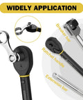 10 Piece SAE Torque Adapter Set With 12 Point Box Ends Covering 5/16 To 7/8 Inch, 3/8 Inch Drive Extension, Auto Repair Essentials For Tight Spaces, Pro Grade Wrench Kit Built For DIYers And Pros. Ratchet handle and extension bar shown.