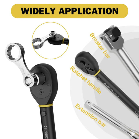10 Piece SAE Torque Adapter Set With 12 Point Box Ends Covering 5/16 To 7/8 Inch, 3/8 Inch Drive Extension, Auto Repair Essentials For Tight Spaces, Pro Grade Wrench Kit Built For DIYers And Pros. Ratchet handle and extension bar shown.