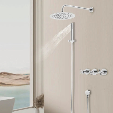 Shower System 10 Inch Wall Mounted Rain Shower with Handheld Spray Combo in modern bathroom setting with sleek design.