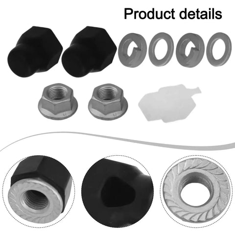 Bike Axle Nut Set For 12mm And 14mm E Bike Electric Bicycle Motor Hub Replacement Cap Washer Spacer Screw Kit Front Or Rear Applications, Corrosion Resistant, Precision Threads For Tight, Vibration Resistant Install displayed with components.
