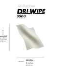 Dri-Wipe S500 All-Purpose Disposable Wipes, 176 Per Box, center-pull 8 by 12 inch sheet, shown with dimensions