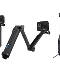3 In 1 Do It All Action Camera Grip Arm And Tripod For All In One Stability, showing grip, extended arm, and tripod setup