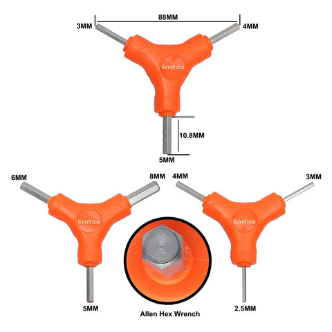 Compact 3 Way Y Hex Wrench Set For Bikes With Internal Hex Torque Spanner, Carbon steel in 2.5, 3, 4, 5, 6, 8mm sizes.