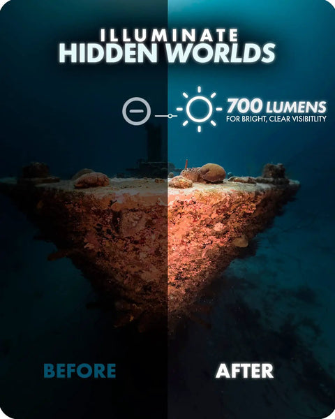 Diving Rig Bundle With Waterproof LED Light illuminating underwater shipwreck, demonstrating brightness in hidden environments.