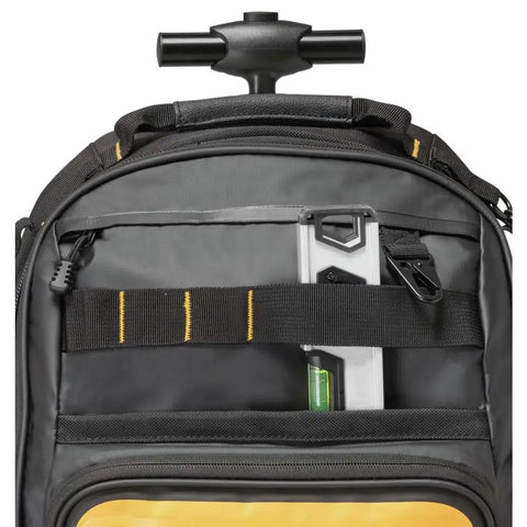 Front view of Pro Rolling Tool Backpack on Wheels with IP54 weatherproof compartment and rugged 1680D fabric
