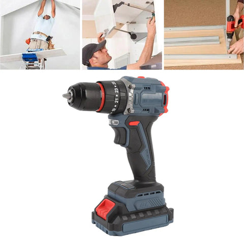 Heavy Duty Brushless Cordless Drill delivering a solid 1500 RPM and kickass 45 Nm torque showcasing adjustable settings for DIY projects.