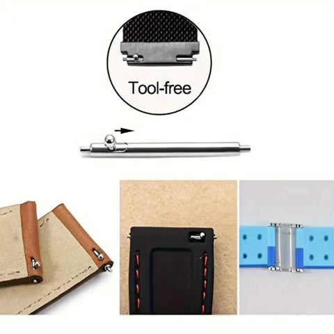 20mm Quick Release Watch Pins Set, Stainless Steel Replacement Band Pins, 6Pcs, 1.5mm Diameter, Includes Spring Bar Tool, Fits 18mm To 24mm Lug Width, Easy Swap For Your Watch Strap shown with installation examples