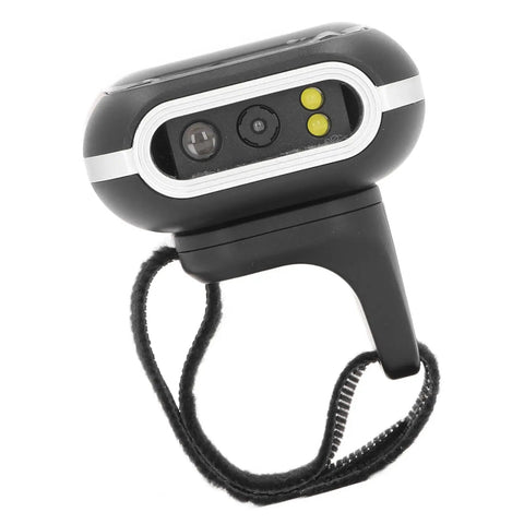 Finger Worn 2D Wireless Barcode Scanner Hands Free Reader for iOS with strap and front sensors visible