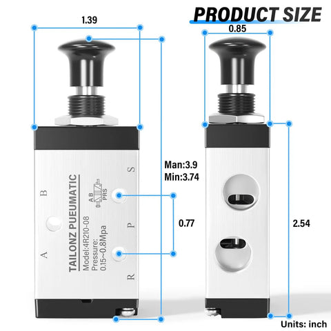 Dimensions of 5 Way 2 Position Hand Pull Pneumatic Valve With 1/4 NPT Ports, Easy Manual Push Pull Lever Air Control For Your Pneumatic Setup, Exhaust Port 1/8 NPT, Model 4R210 08.